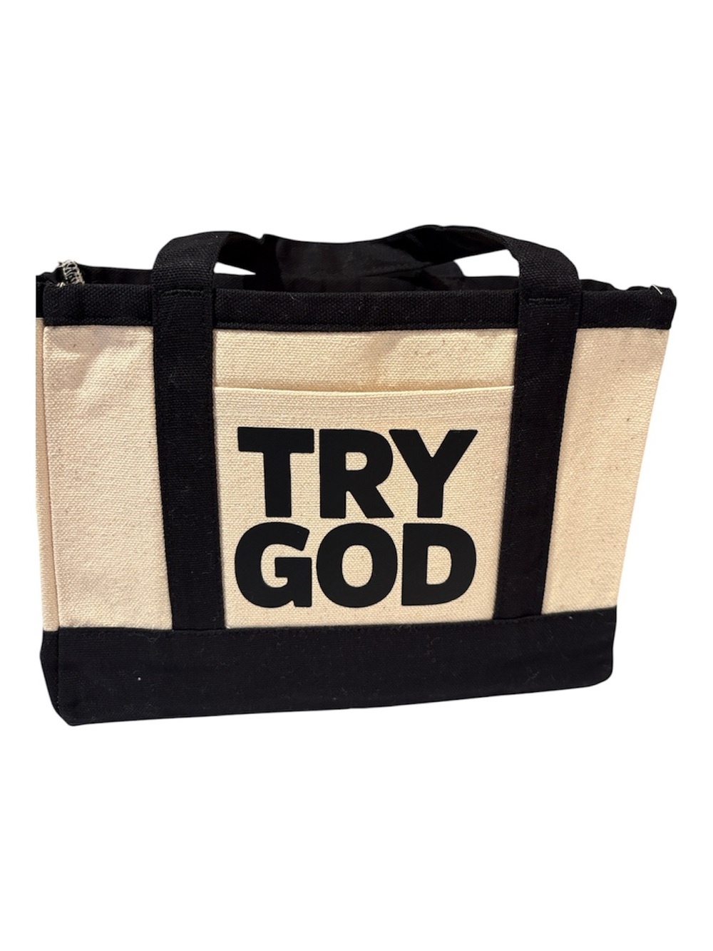 TRY GOD Canvas mini Tote Bag - Black and Cream